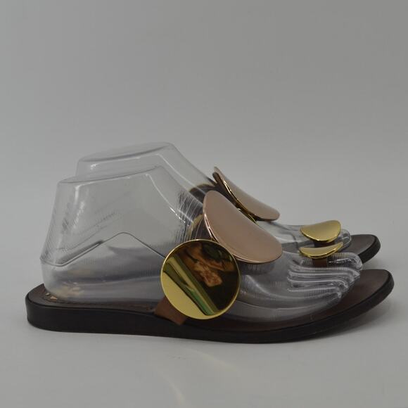 Tory Burch Brown Gold Sandals Circle Plates Size 8 - Picture 6 of 13
